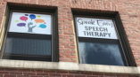 Speak Easy speech therapy window signs