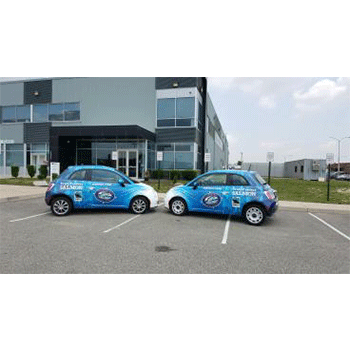 Blue and white cars with fleet wrap