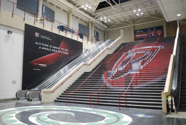 floor logo graphics for sports stadium on stairs