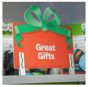 Eye-catching POP display with bold font and paper products for gift ideas