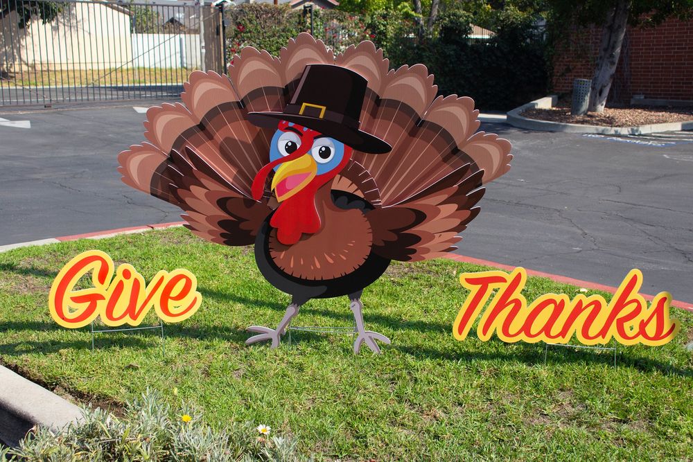 Landfowl turkey with prominent beak cut out from sign, perfect for festive decor