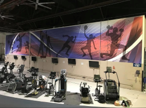 Ceiling view of a room with exercise equipment and a decorative wall mural
