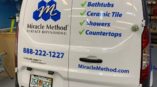 white van wrap with blue bathtubs, showers, tile and countertops 