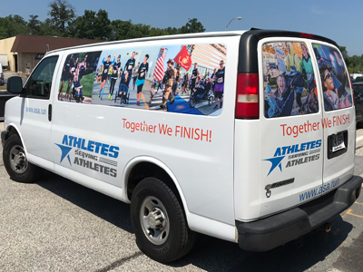 Car decals for Athletes Serving Athletes featuring images of athletes in action 