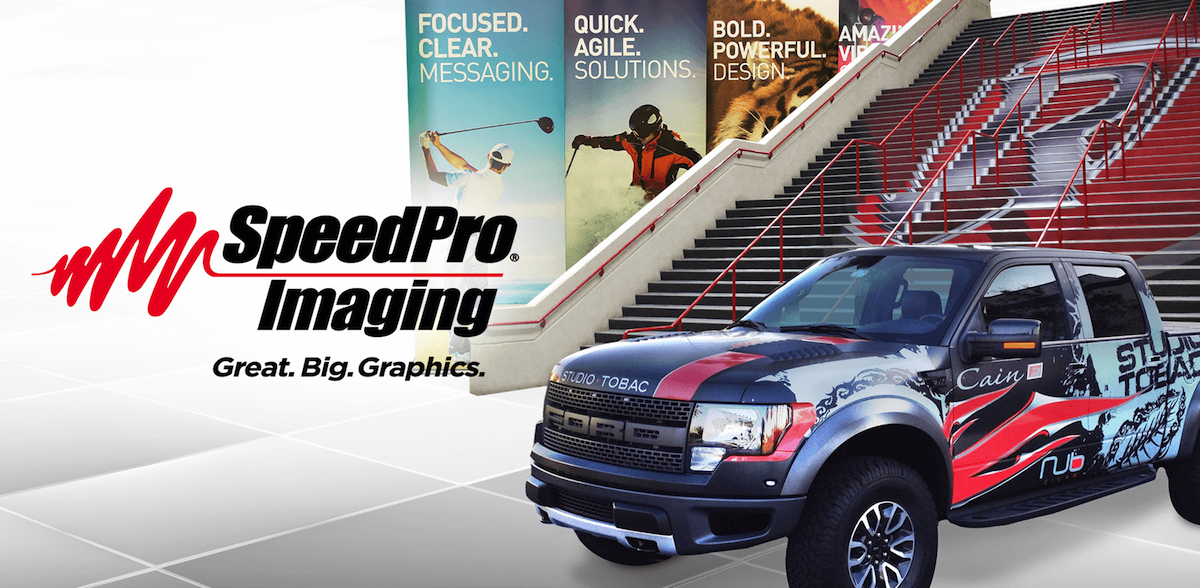 Collage of images of SpeedPro banners and vehicle wraps