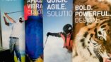 Banners created by SpeedPro Towson featuring tiger, snowboarder, lanterns, and golfer