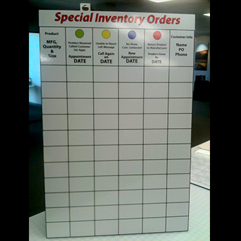 Dry erase board for inventory orders