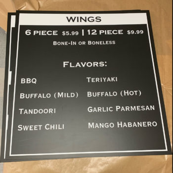 Wings menu at a restaurant