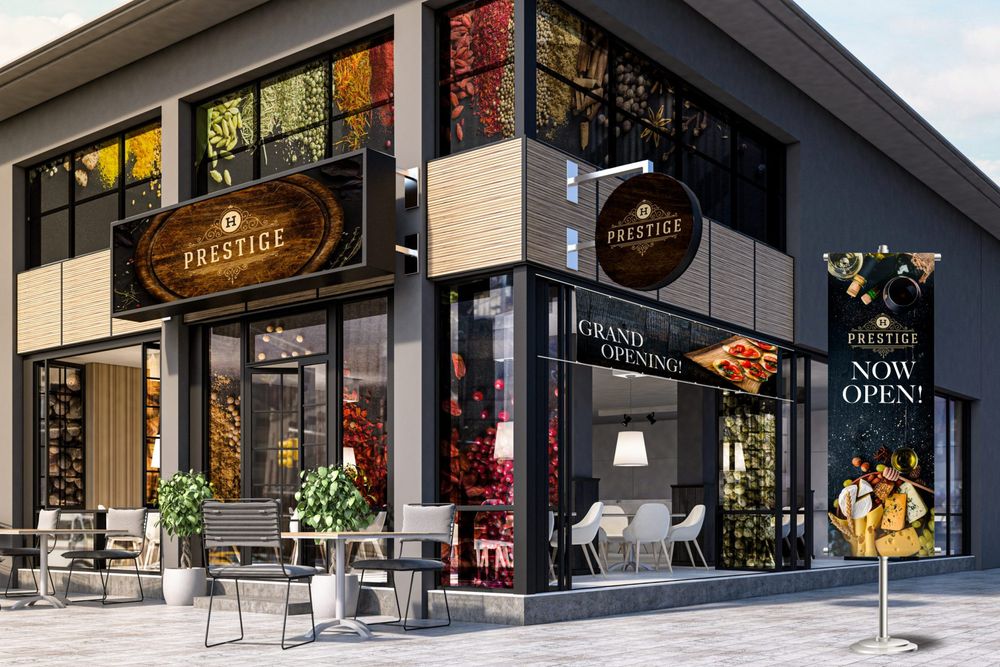 Modern building exterior featuring a sleek restaurant entrance