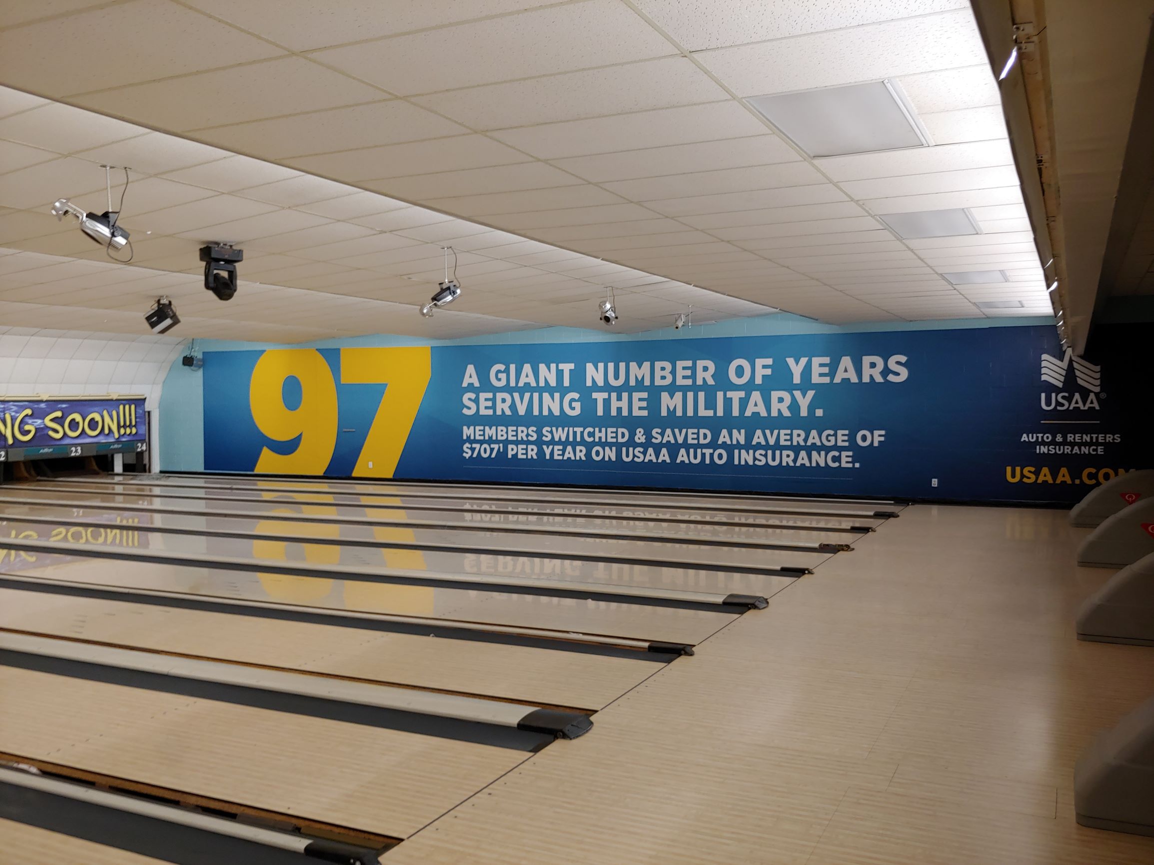 USAA wall ad in bowling alley