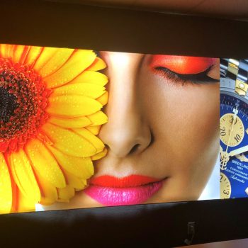 Fabric backlit banner of flower, woman and watch
