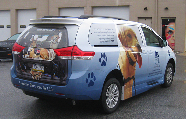A minivan for a canine training business with a vehicle wrap that shows images of their dogs in training.