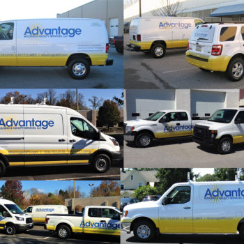 A fleet of vehicles with custom designed vehicle wraps for Advantage Building & Facility Services, LLC.