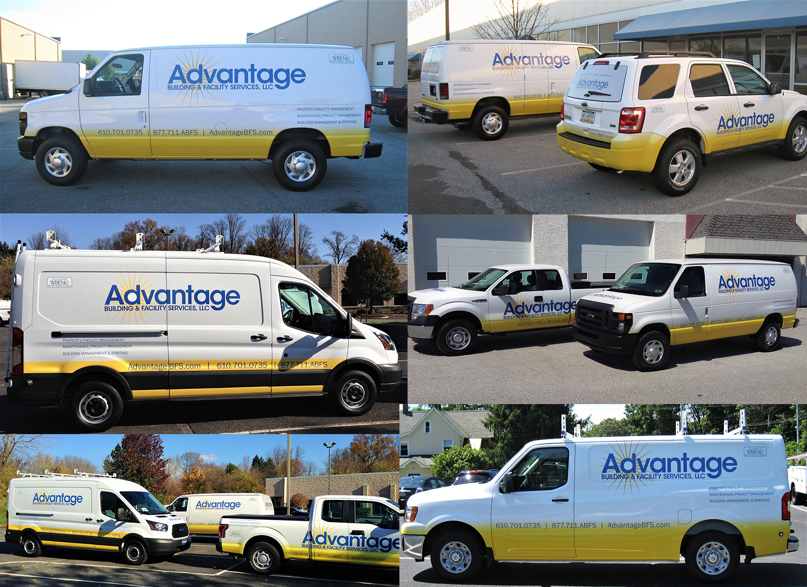 A fleet of vehicles with custom designed vehicle wraps for Advantage Building & Facility Services, LLC.