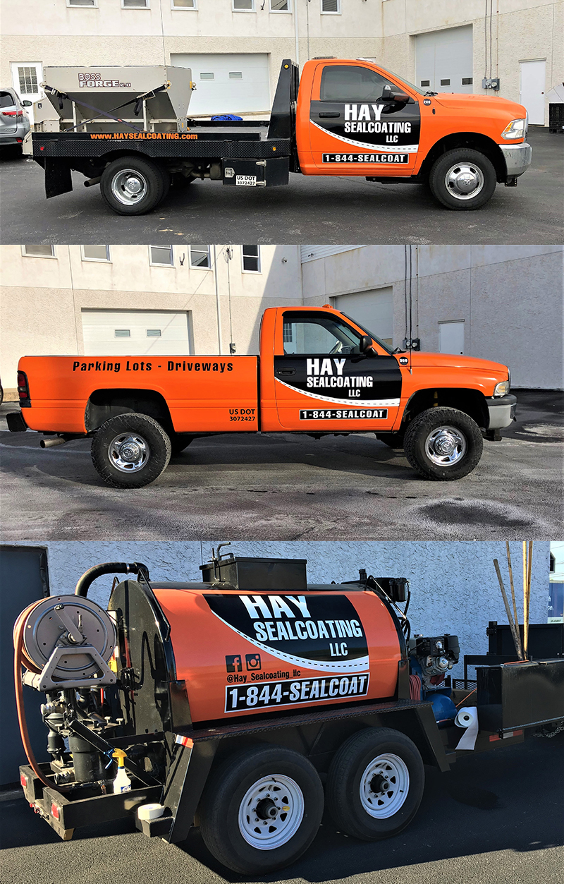 A fleet of vehicles with custom designed vehicle wraps for Hay Sealcoating LLC.