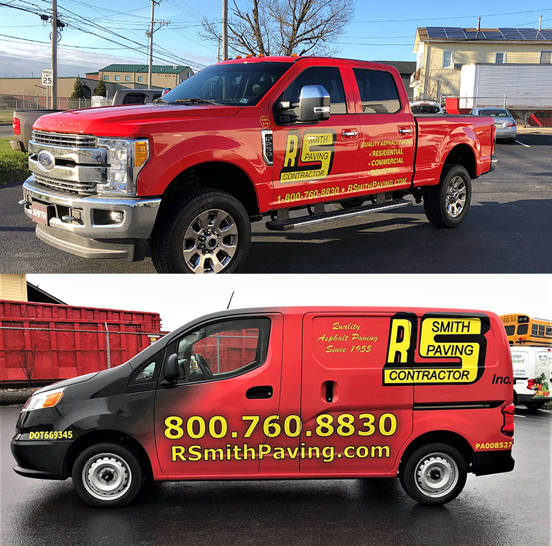 Two vehicles with custom designed vehicles graphics for R Smith Paving Contractor Inc.