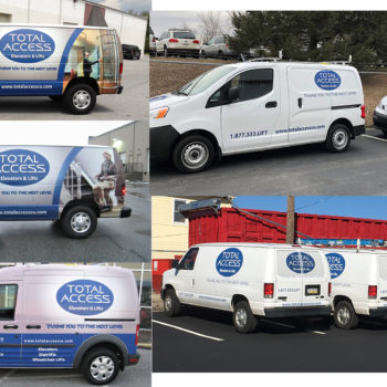 A fleet of vehicles with custom designed vehicle wraps for Total Access Elevators & Lifts.