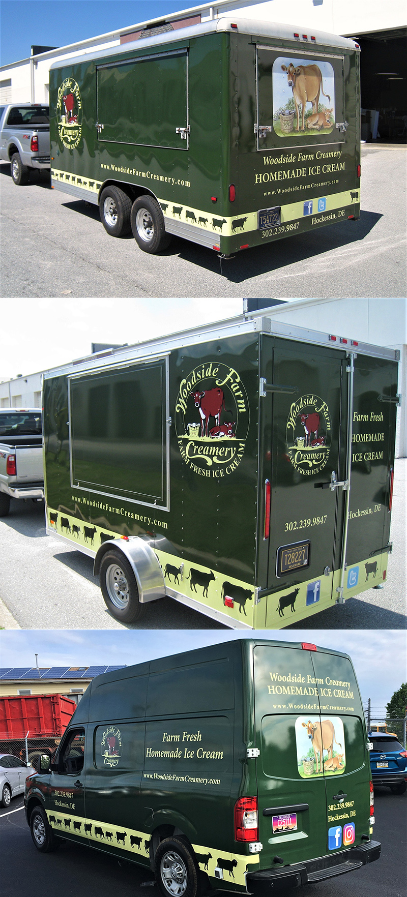 A fleet of vehicles and trailers with custom made vehicle wraps for Woodside Farm Creamery.