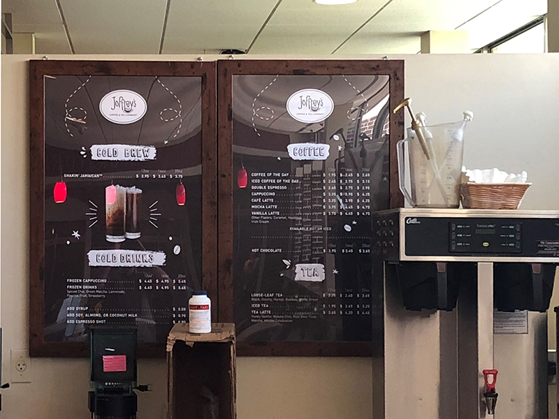 Joffrey's coffee menu signage
