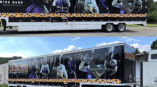 A semi-truck trailer with a custom designed vehicle wrap for the West Chester University marching band.