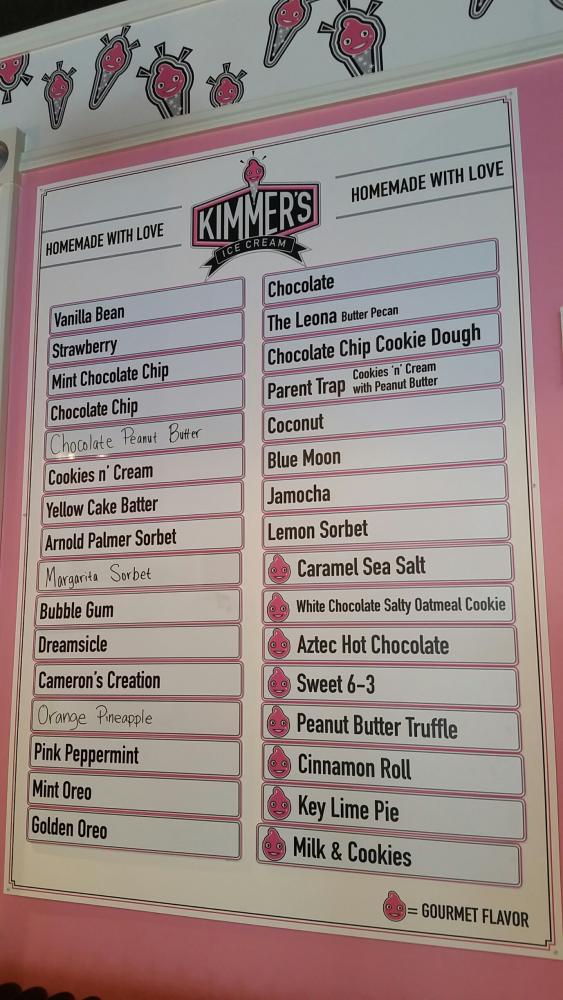 Kimmer's ice cream menu sign