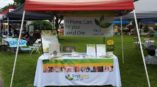 Event display for FirstLight Home Care with a table showcasing service information under a red canopy at an outdoor fair.