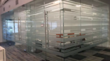 Frosted vinyl graphics on glass conference room partitions in an office setting with modern flooring.