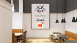 Touchless menu display for Kitchen & Cafe featuring instructions to download today’s menu in a dining area.
