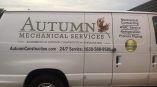 Van graphics for Autumn Mechanical Services displaying contact information, services, and logo on a white van.