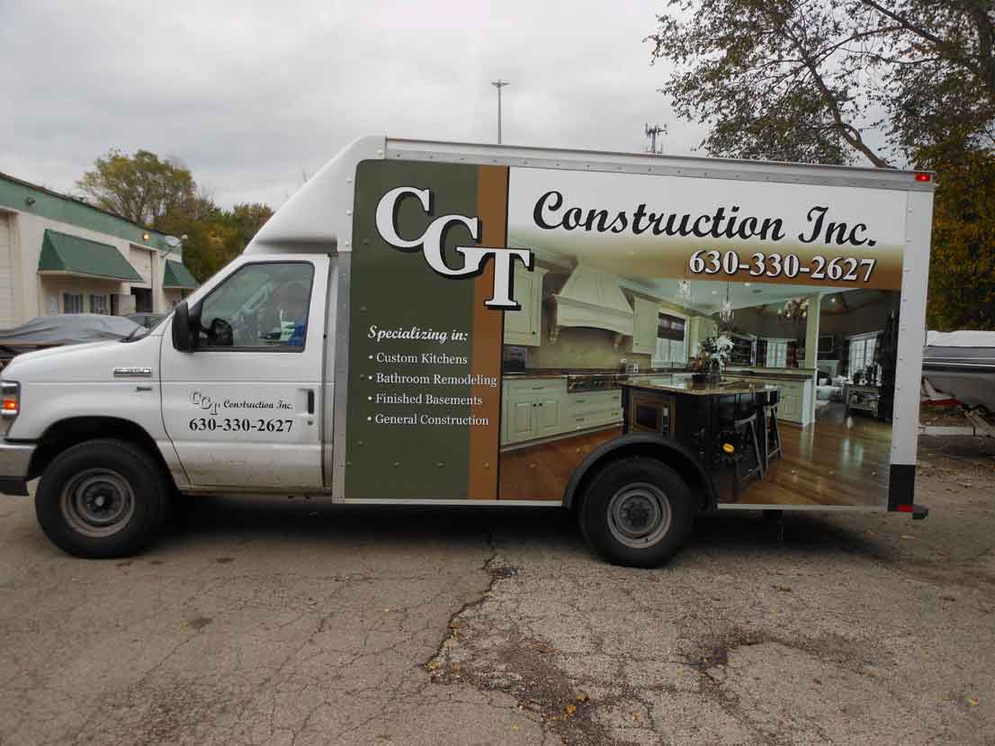 Partial van wrap for CGT Construction Inc featuring kitchen and home improvement graphics on the side.