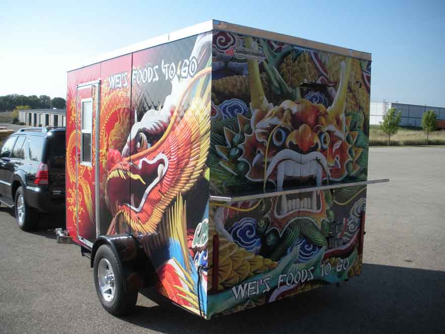 Custom food trailer wrap for Wei's Foods To Go with full coverage Asian-inspired graphics