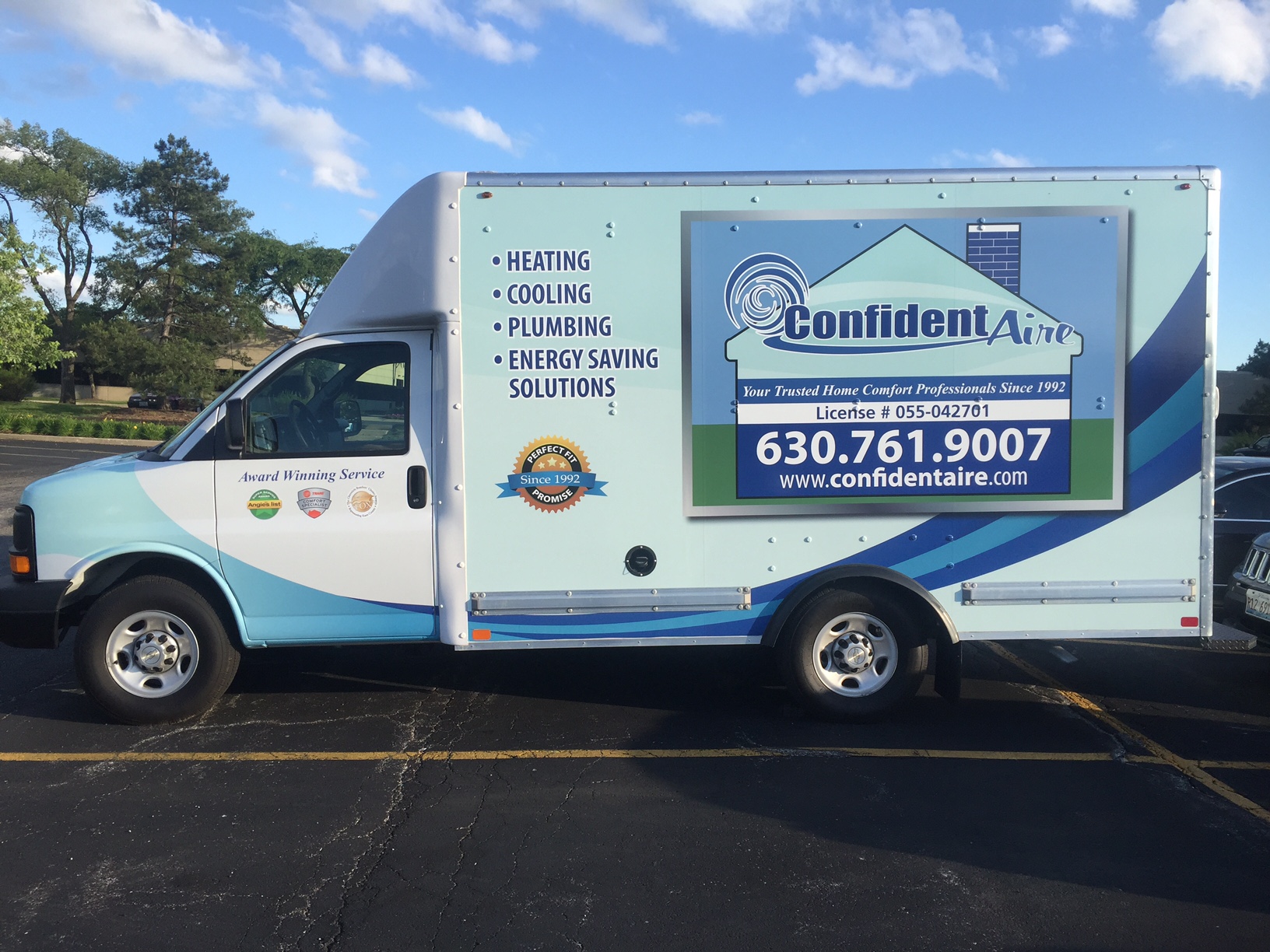 Confident Aire HVAC and plumbing box truck wrap with full branding by SpeedPro Windy City