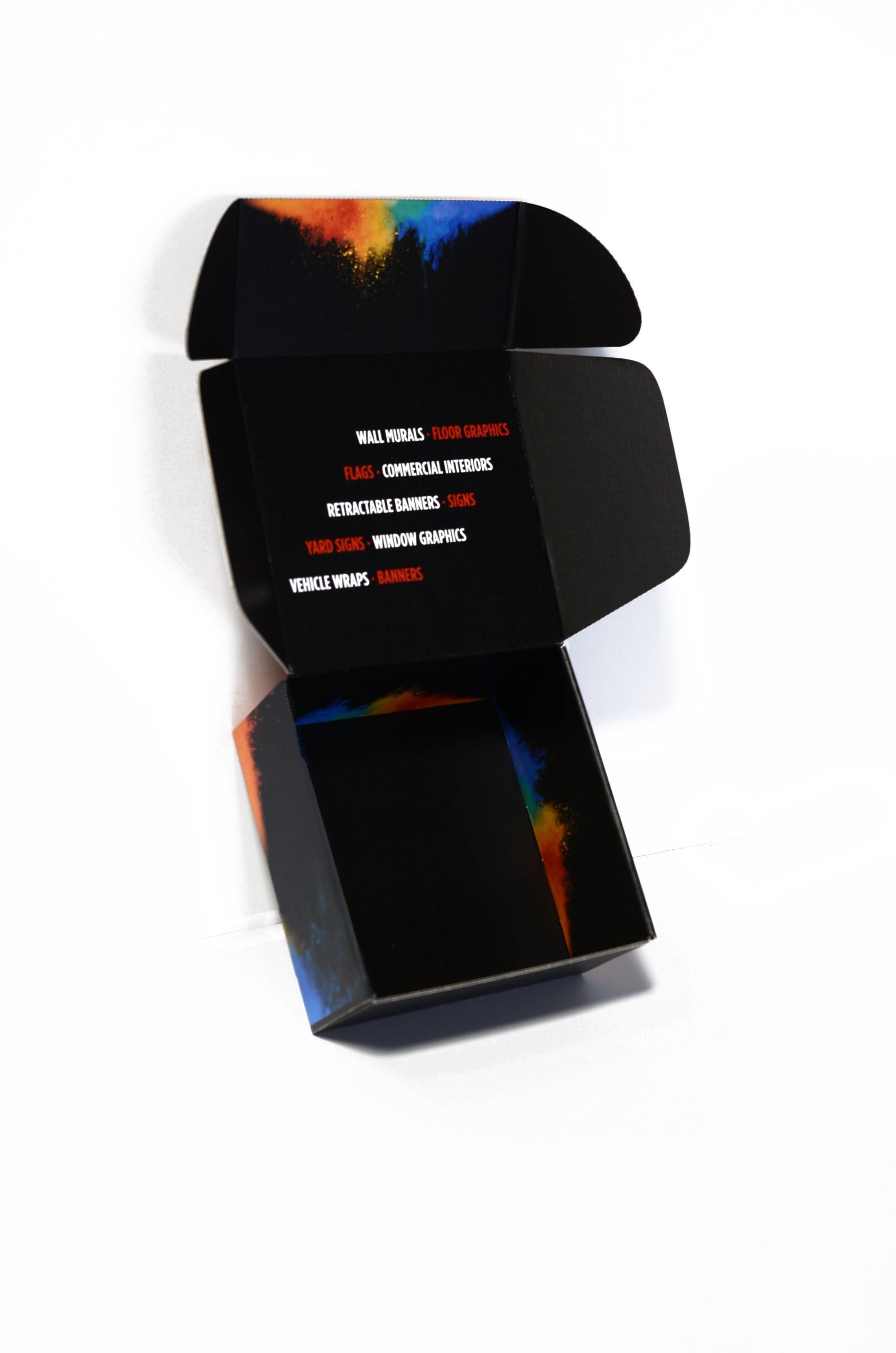 Colorful design on black box showcasing paper product elegance