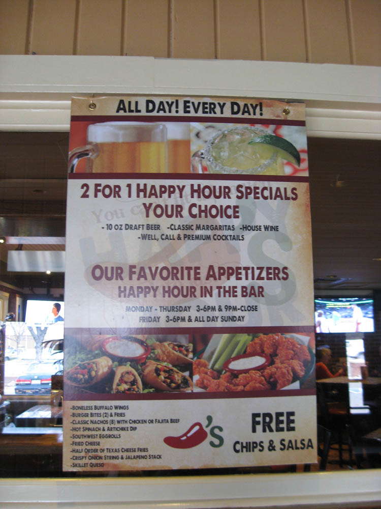 Chili's happy hour specials signage