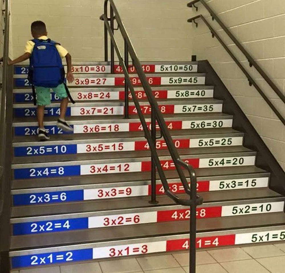 Math graphics on stairs in a school