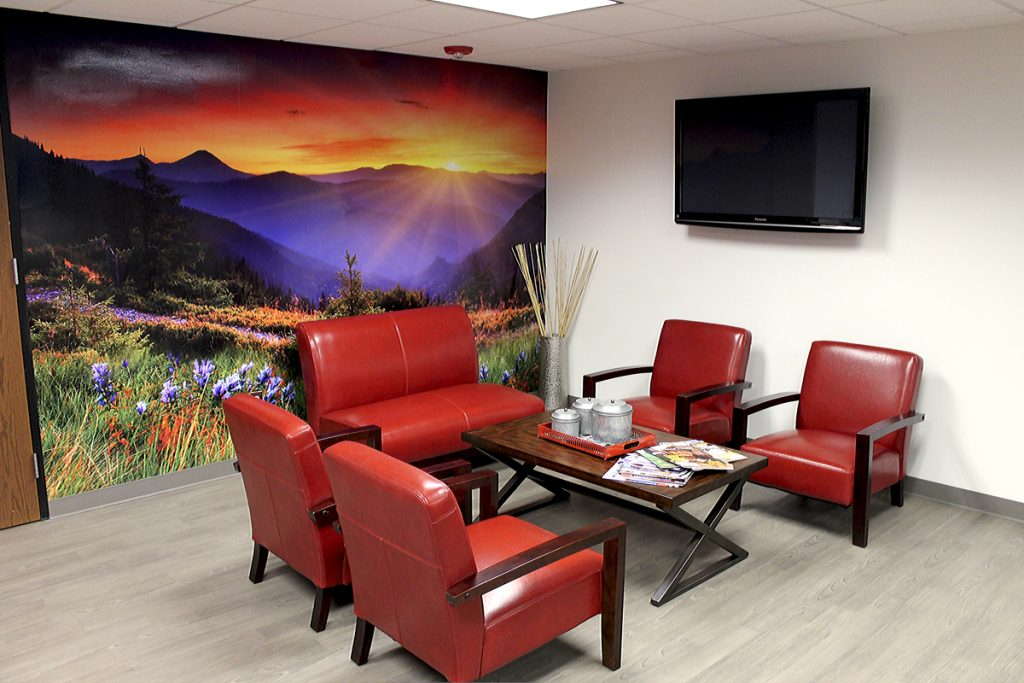 Wall mural of a sunset in an office lobby enlarged