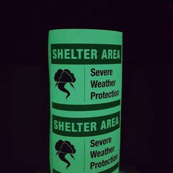 Glow in the dark signage for Shelter Area with thunderstorm icon
