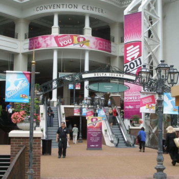 Delta island Convention Center with banners and signage