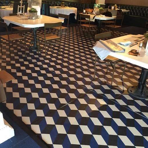 Cubed floor graphic in a restaurant