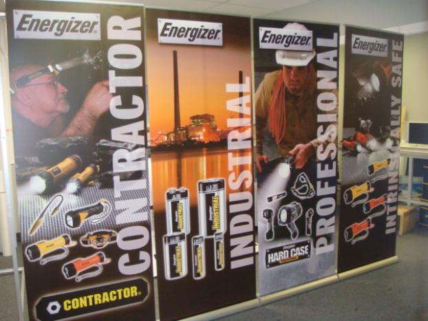 Energizer retractable banners with different construction themes