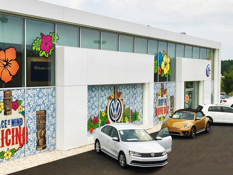 Volkswagen dealership window graphics enlarged