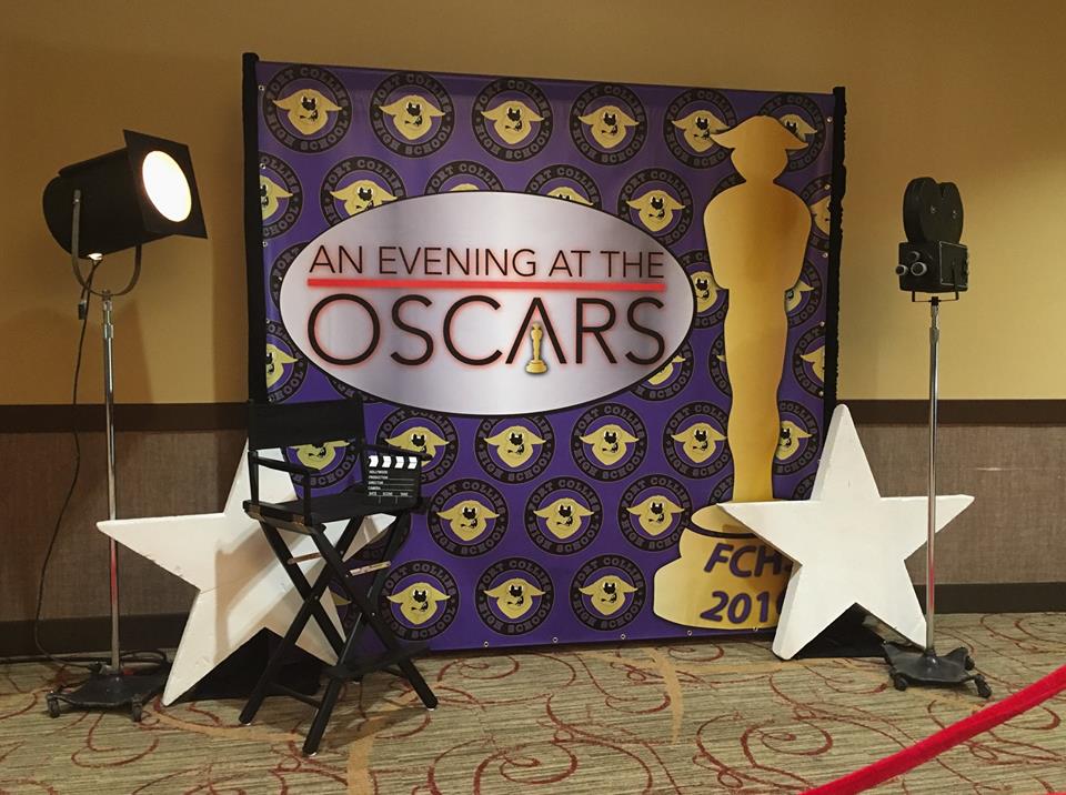 Purple and gold step and repeat banner for an evening at the oscars with white stars and lighting. 