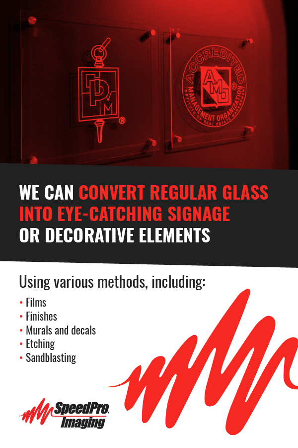 We can convert regular glass into eye-catching signage or decorative elements using films, finishes, murals, decals, and more.