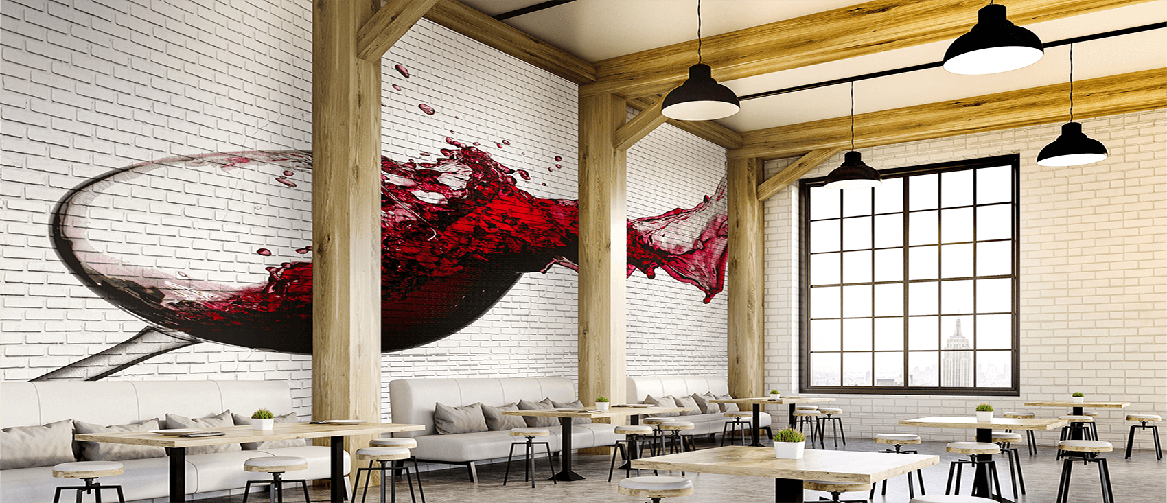 Red wine spilling decal on white brick wall in restaurant. 