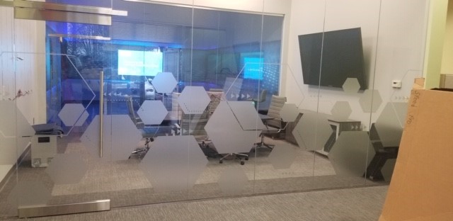 Etched glass conference room